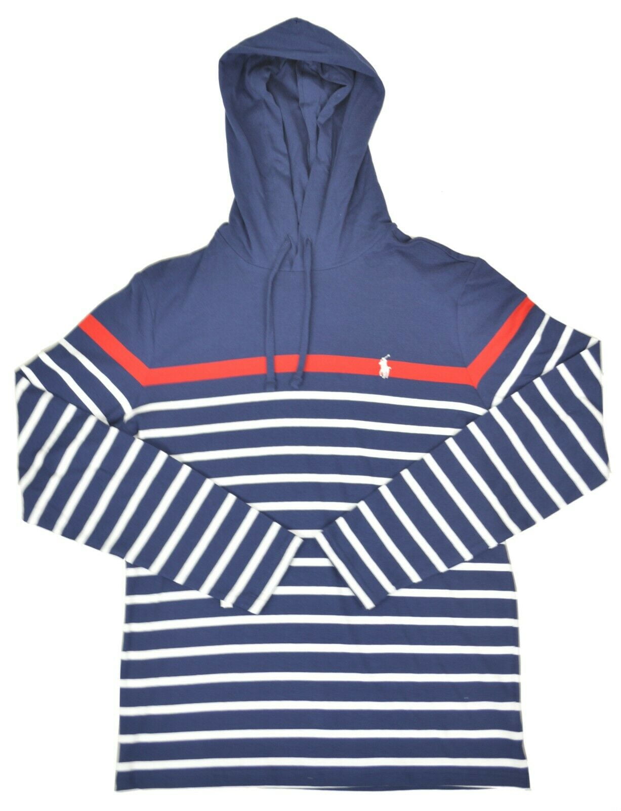 New Polo Ralph Lauren Mens Cotton Striped Jersey Hooded T-Shirt, Navy MU,  S, 3453-8