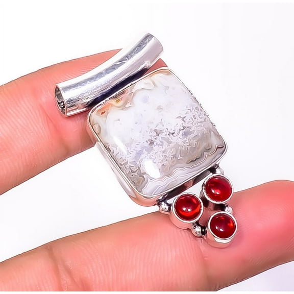 Crazy Lace Agate & Garnet 925 Sterling Silver Pendant 1.72" P3093-11, Christmas Gift, Gemstone Silver Jewelry, Agate Pendant, New Year Sale