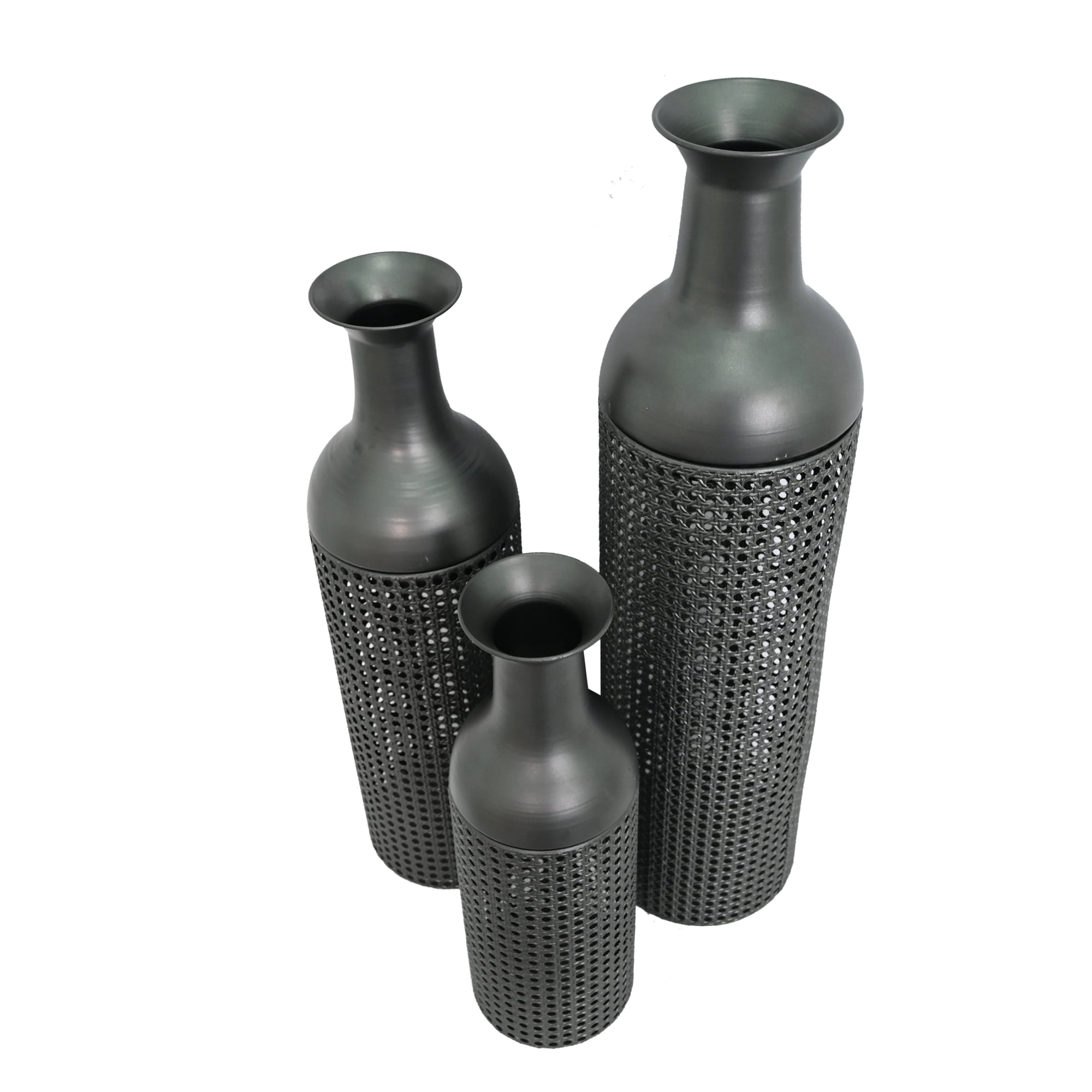 Leumius Decorative Metal Vases Set of 3, Black Grey Leaf Pattern Floor Vases, Black & Grey Tall Vases for Home Decor, Living Room Entryway Decor