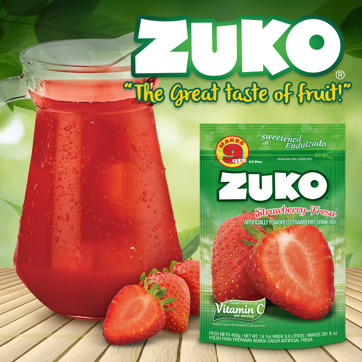 Zuko Strawberry Drink Mix Bag, 14.1 oz, Pack of 6, Fortified with Vitamin C, No Additional Sugar Needed