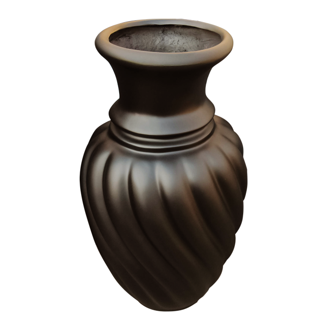 maceta de fiba de vidrio fibraformas modelo florero imperial blanco fibraformas fibraformas de méxico florero imperial Chocolate; vista frontal 3/4 de florero imperial de fibra de vidrio de 70 cm de alto, 35 cm de diámetro y base de 20 cm, cuerpo ovoide con estrías helicoidales, cuello acampanado y borde redondeado, acabado liso en tono chocolate, adecuada para interiores y exteriores; a menudo usada como jarrón para arreglos altos.