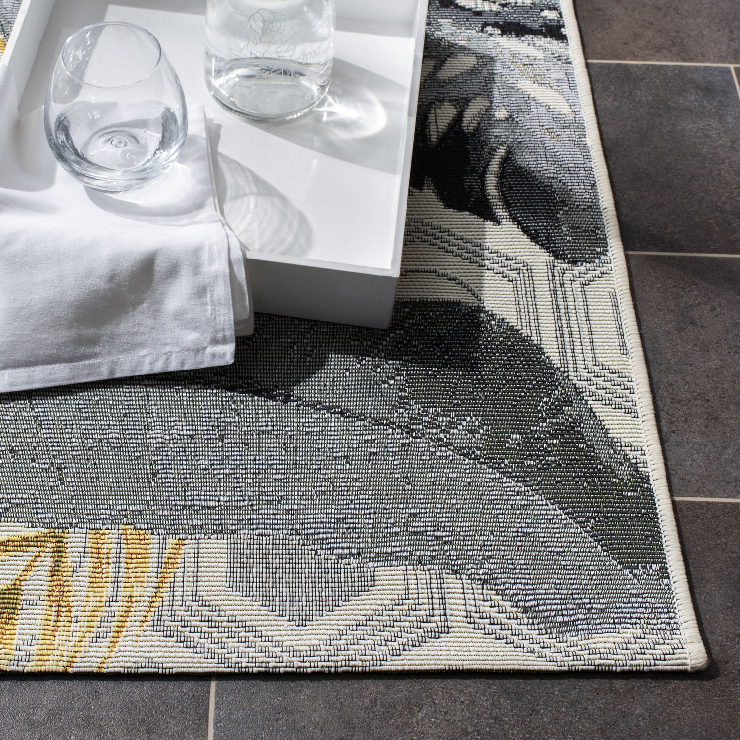 SAFAVIEH Barbados Tropical Leaves Outdoor Area Rug, Grey/Gold, 6'6" x 6'6" Square