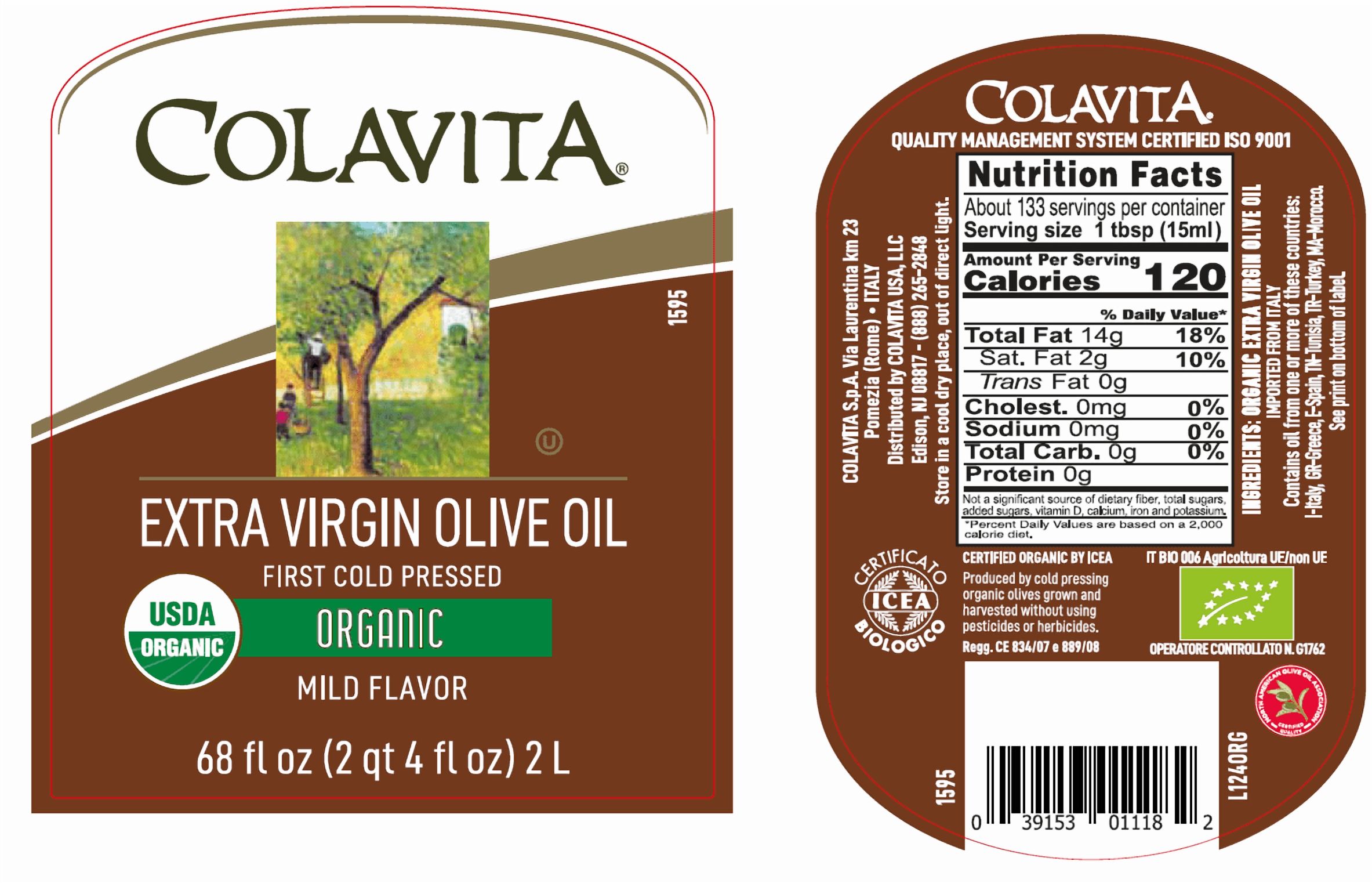 Colavita Organic Extra Virgin Olive Oil, First Cold Pressed, Imported from Italy, 2 Liters