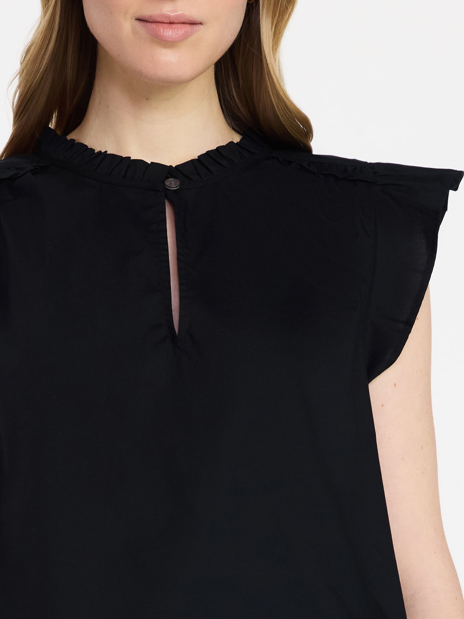 Time and Tru Women's Cotton Split Neck Top with Flutter Sleeves, Sizes XS-XXXL