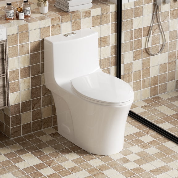 Alvantor One-Piece Toilet, 1.1/1.6 GPF Powerful Dual Flush Elongated Toilet, Button on Tank top, Soft Closing Seat White