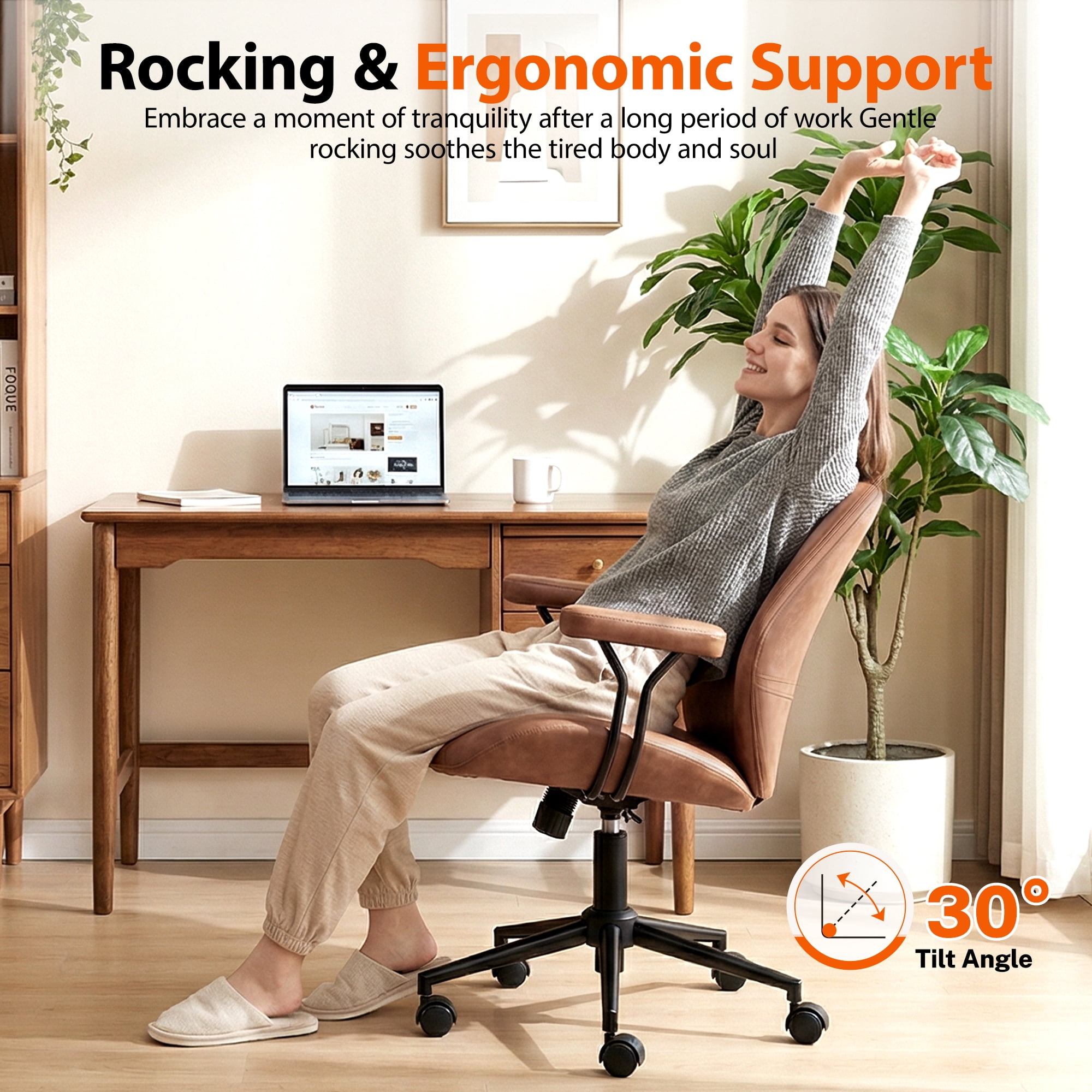 COOLHUT Home Office Chair, PU Leather Ergonomic Computer Desk Chair with Removable Armrests, Mid Century Modren Armrest Office Chair, Rocking Swivel Task Chair, Brown