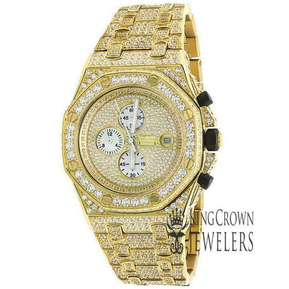 Mens 18K Yellow Gold Full Stainless Steel Simulated Diamond Chronograph Watch 43MM