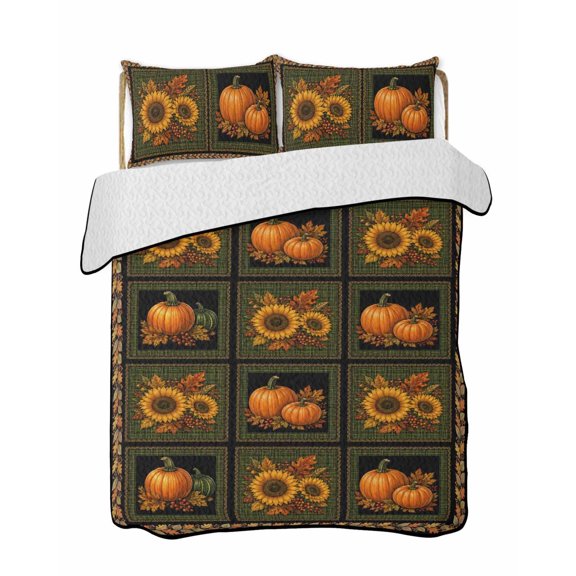 Quilts Queen Size Bedding Set, Thanksgiving Reversible Summer Quilt 3 Pieces, Fall Pumpinks Sunflower Leaves Vintage Lightweight Bedspreads Coverlets with 2 Pillow Shams for All Seasons