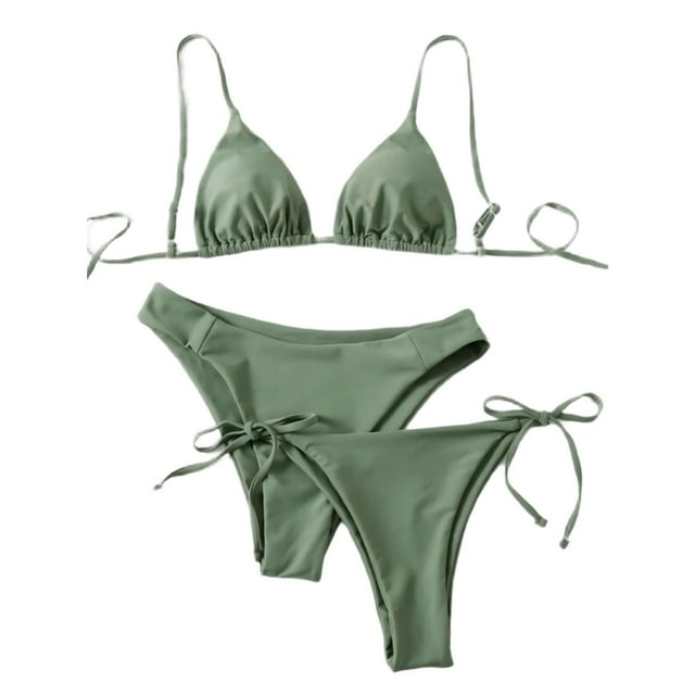 Trajes de baño para mujer, Trajes de baño para mujer, Traje de baño bikini de tirantes sin espalda de color liso para mujer, Conjunto de bikini con bloques de color y hombros descubiertos, Traje de ba