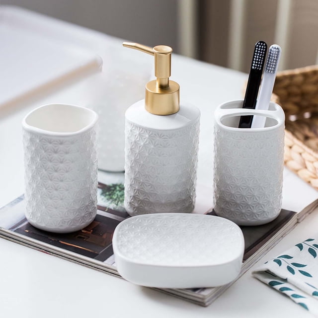 de accesorios , dispensador de loción, taza para cepillos de , soporte para cepillos de , esencial para mostrador de , 4 piezas Macarena Jabonera de baño