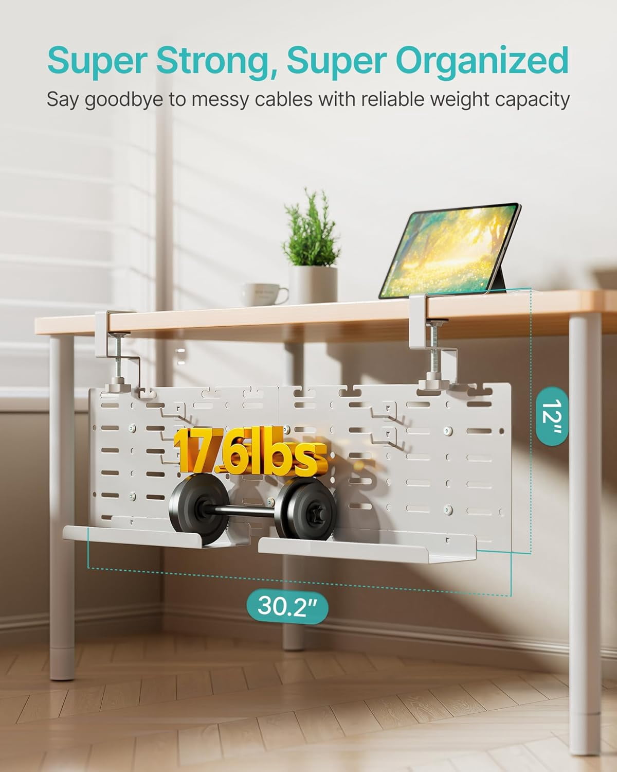 Under Desk Cable Management Tray, 30.2" Vertical Metal Pegboard Organizer for Power Strip, Cables, Clamp-On Cord Organizer Rack with Hooks, Trays & Cable Straps for Home Office, White