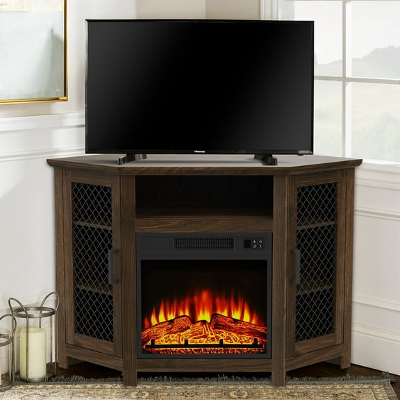 Parrot Uncle 45" Industrial Corner Electric Fireplace TV Stands with 2 Metal Mesh Doors and Remote
