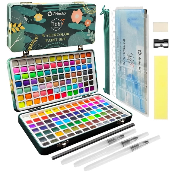 Artecho Watercolor Paint Set 168 Colors in Portable Box, Travel Watercolor Set with Watercolor Papers and Brushes, Ideal for Adults, Beginners and Artists