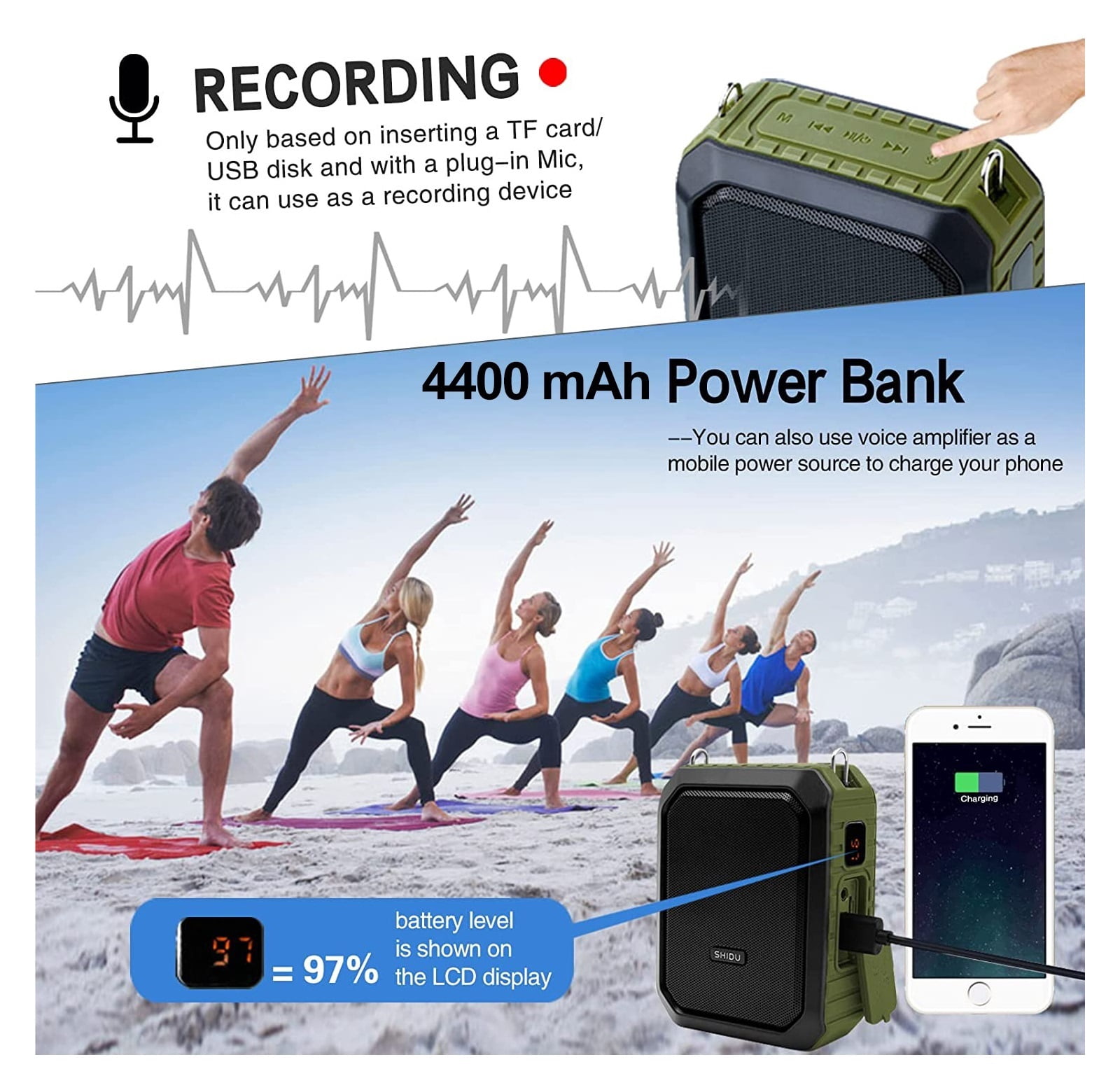 Portable Voice Amplifier With Wireless Microphone For Teachers IPX5 Waterproof Speaker 4400mAh Power Bank M800 ,Powerful Voice Amplifier