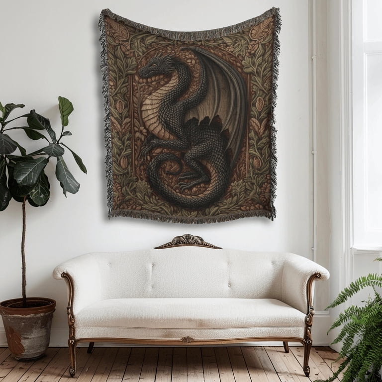 Charcoal Dragon and Olive Botanical Border Woven Blanket, 100% Cotton ...