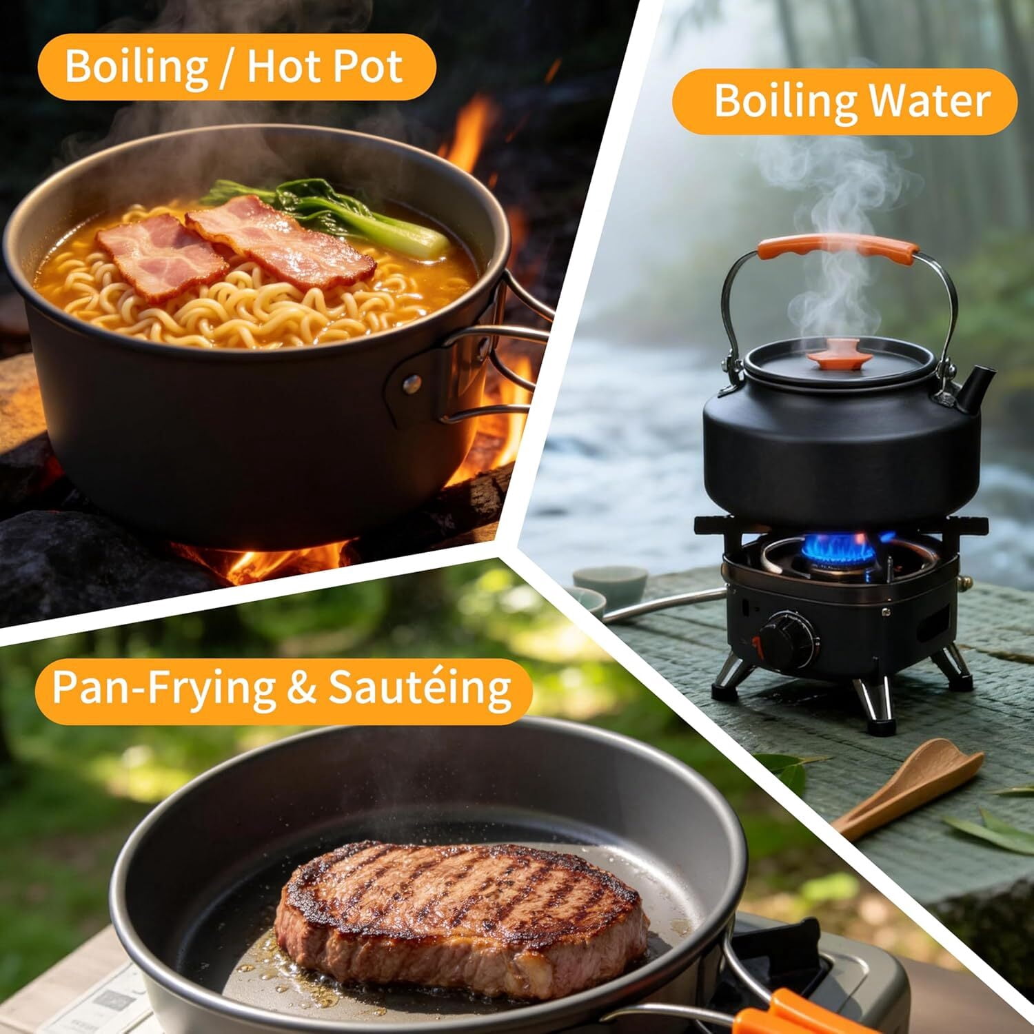 Beloadence 10 Piece Camping Cookware Set for 3-4 People, Portable Camping Cooking Set with Kettle, Pots & Pans for Backpacking, Picnic, Outdoor Adventures