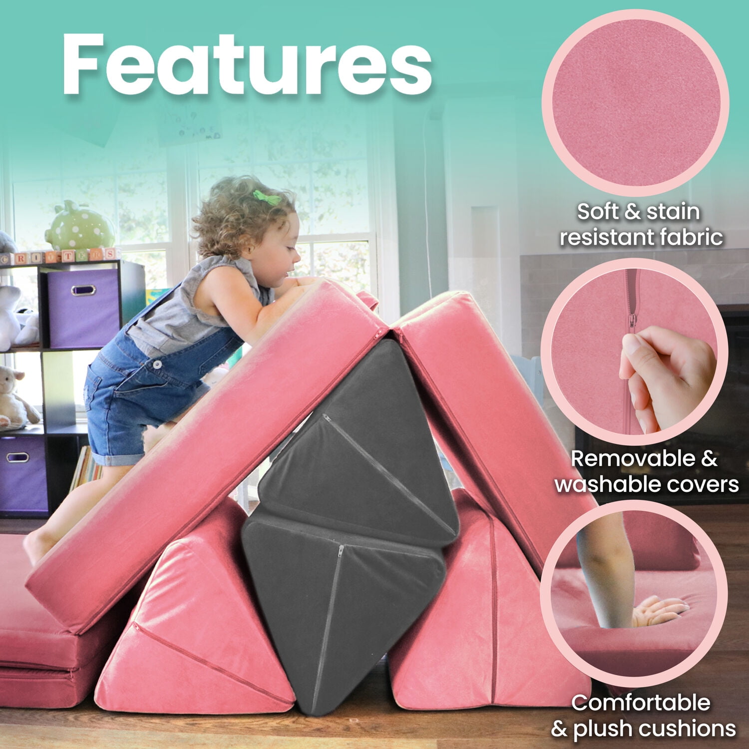 Critter Sitters Kids Lil Lounger | Play Couch | Modular Sofa | Fort Building, Open Ended Play | Sturdy Foam | Washable Covers | Durable | Flexible Seating for Playroom, Kids Room