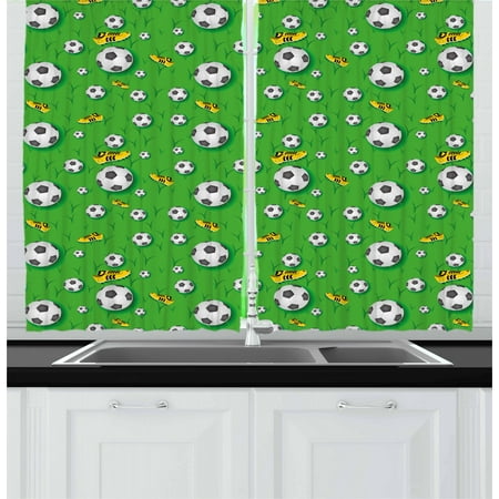 

Soccer Curtains 2 Panels Set Professional Player Athletics Pattern Football Shoes Balls on Grass Window Drapes for Living Room Bedroom 55W X 39L Inches Lime Green Yellow Black by Ambesonne