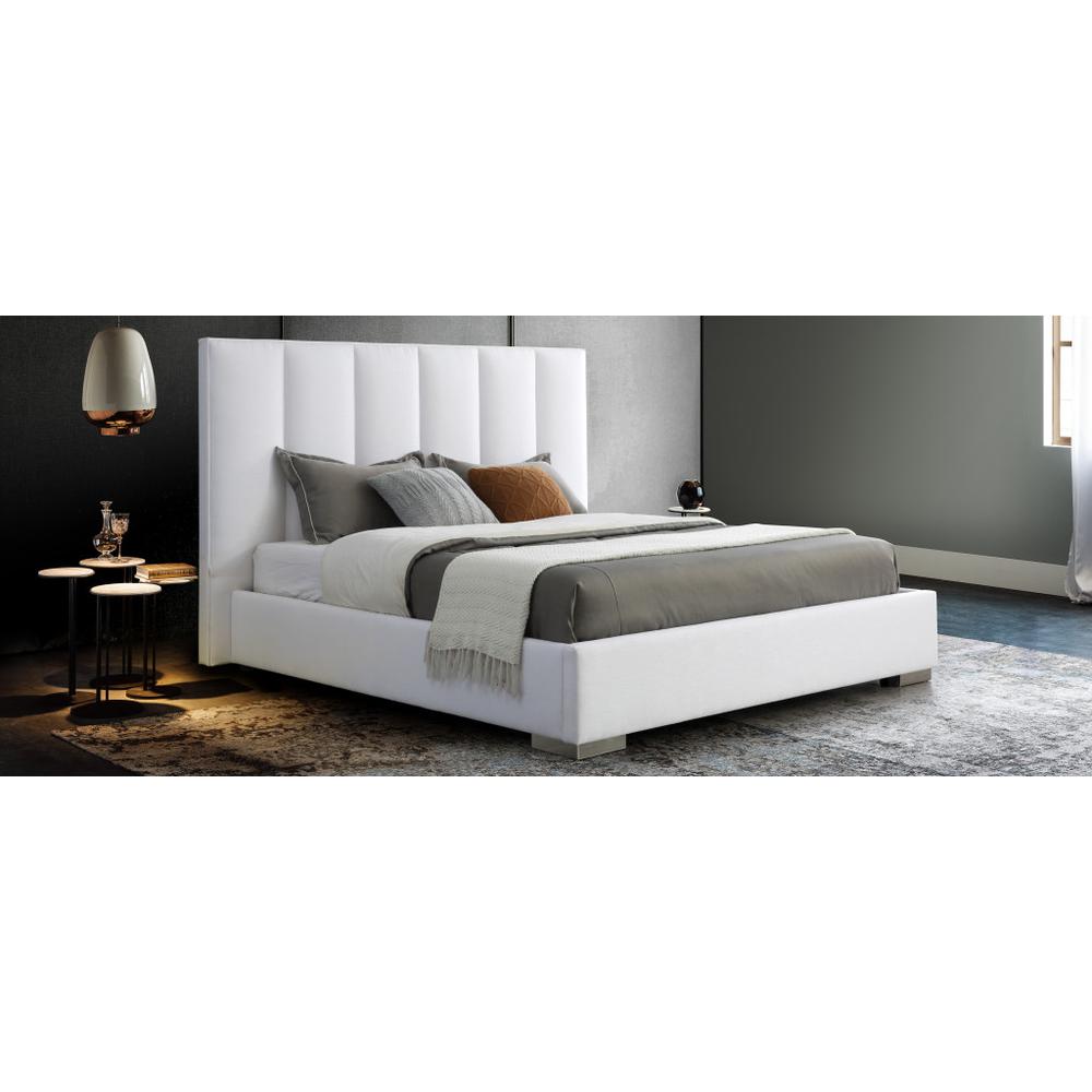 HomeRoots 55 x 72 x 87 in. Queen Size White Upholstered Channel Tufted Velvet Bed Frame