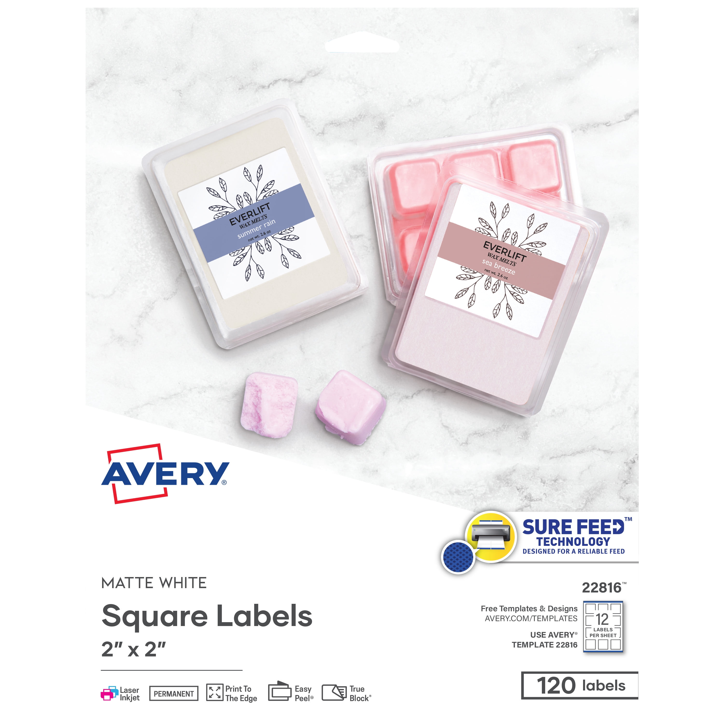 Avery Square Labels, White, 2" x 2", Sure Feed, Laser, Inkjet, 120 Labels (22816)