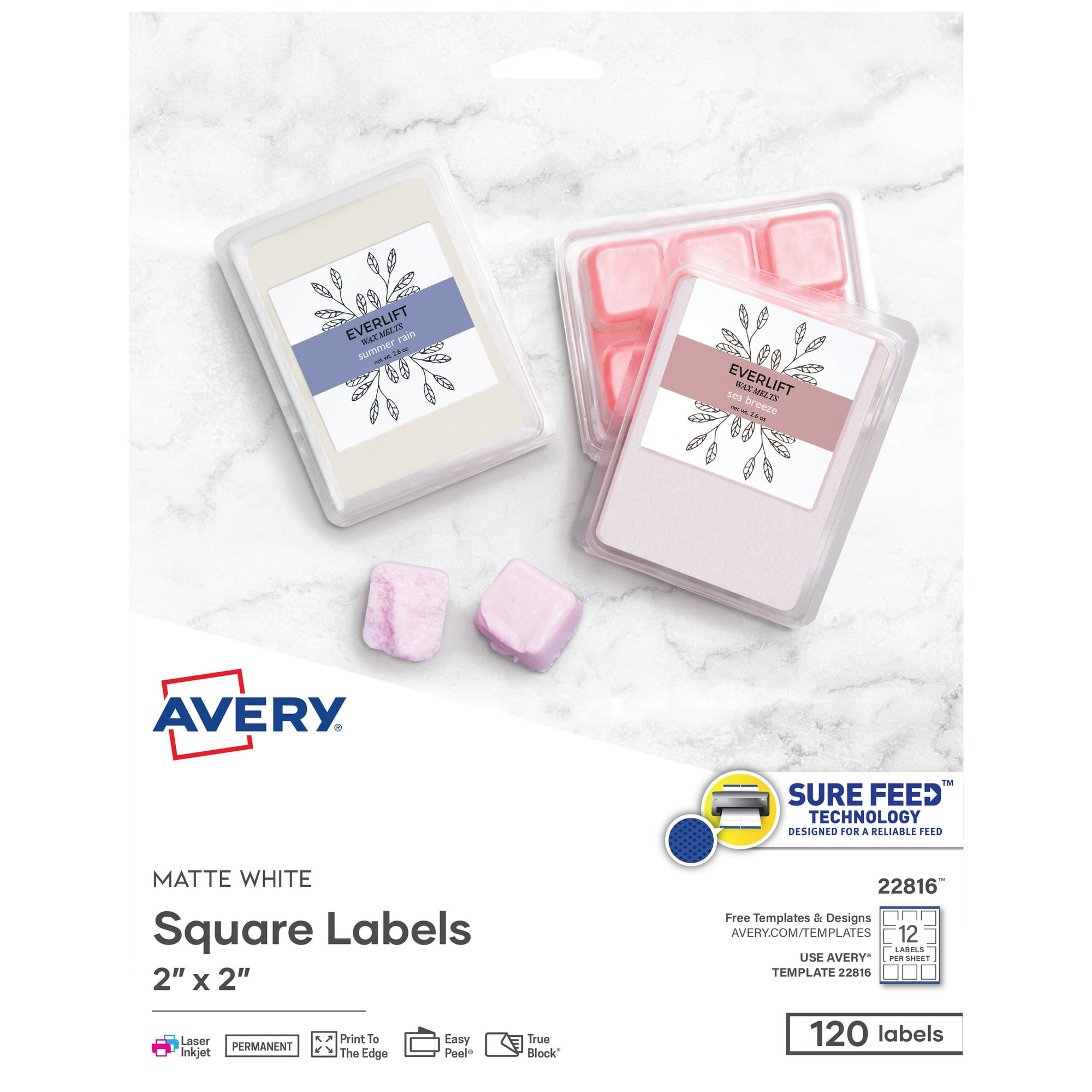 Avery Shape Labels, Square, 2" x 2", Paper, Matte White, Sure Feed, Laser/Inkjet, 120 Labels (22816)