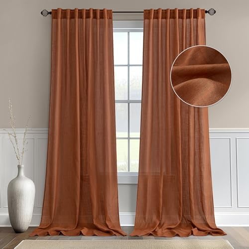 TianQi Linen Curtains 84 Inch Length for Living Room 2 Panels, Terracotta Rod Pocket Back Tab Light Filtering Semi Sheer Boho Soft Linen Window Fall Drapes Farmhouse Burlap Decor Curtains for Bedroom