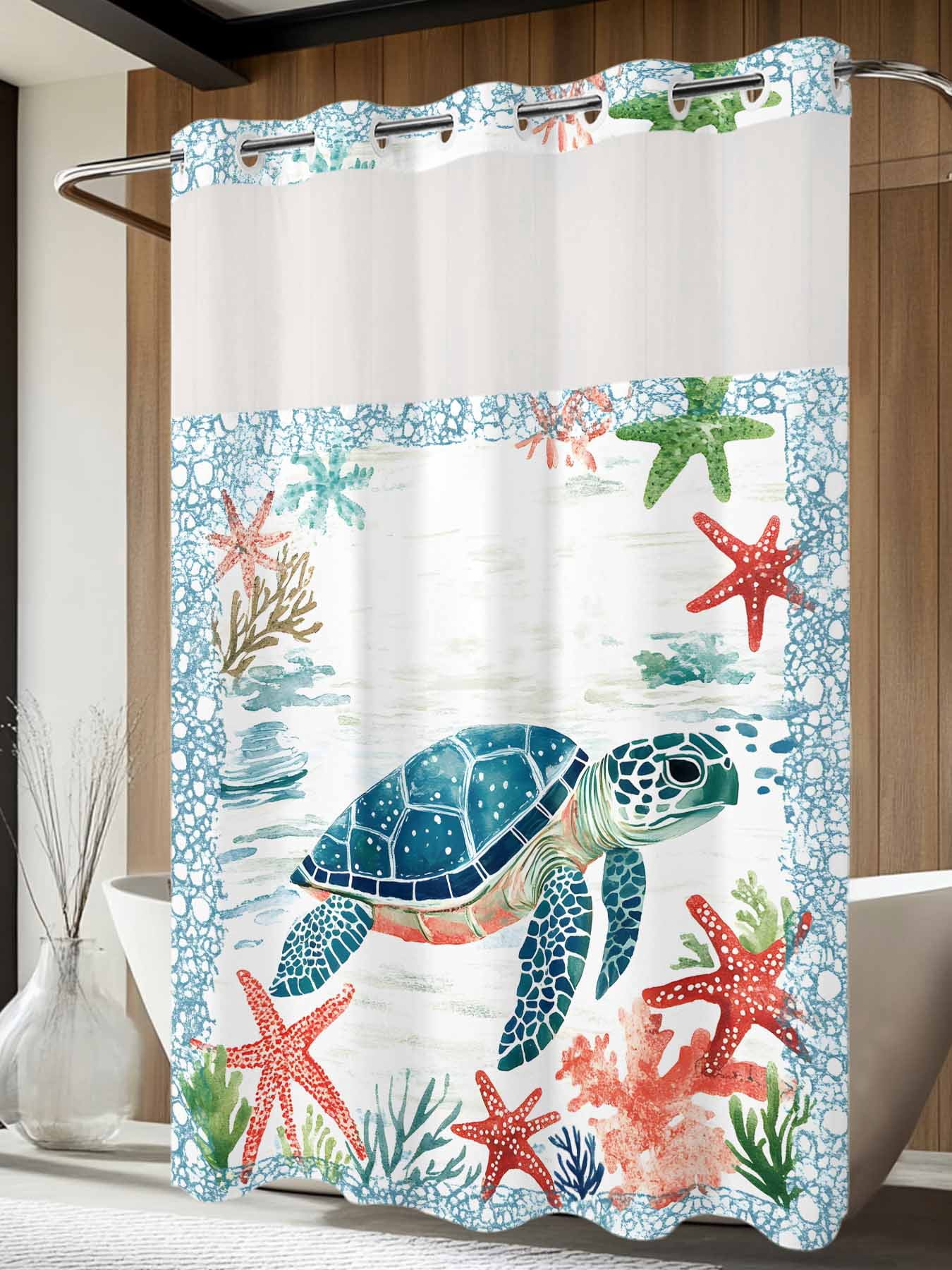 No Hook Shower Curtain with Snap in Liner,Nautical Blue Sea Turtle Starfish Waterproof Bath Curtain Double Layers with See Through Top Window,Ocean Coral Retro Border Hotel Shower Curtains 60x72in