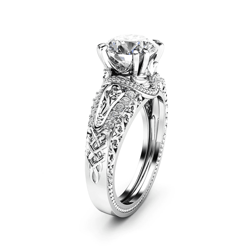 HeartsAndYou 2ct Round Cut Moissanite Engagement Ring for Women 18k White Gold over Silver Filigree Vintage Inspired