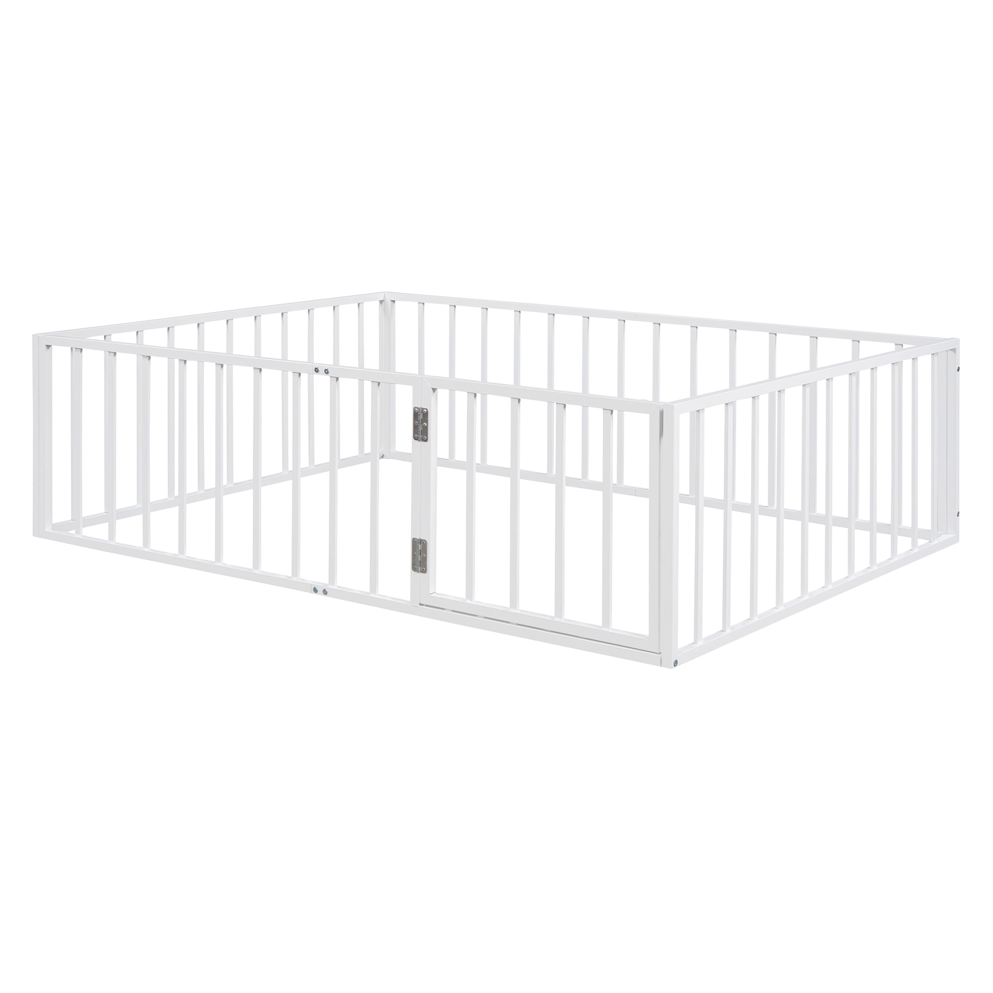 Harper & Bright Designs Full Floor Bed Frame for Kids, Metal Montessori Floor Bed with Rails and Door, Floor Full Size Bed Frame with Fence-Shaped Guardrails, White