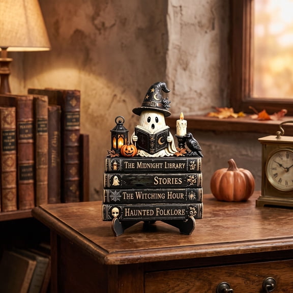 Fall Halloween Reading Ghost Figurinet, Whimsical Bookworm Ghost Statue With Wood Base, Novelty Present for Book Lovers & Shelf Styling