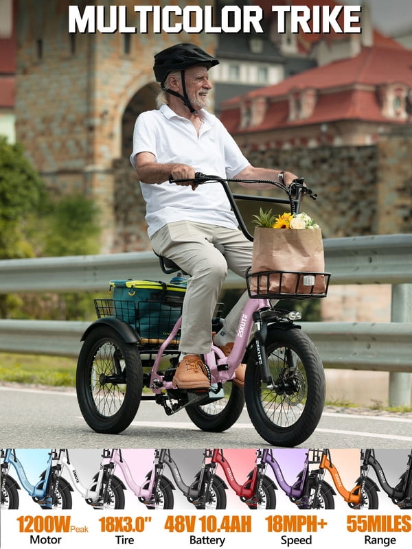 ESKUTE T300 E Trike Electric Tricycle for Adults, 750W Brushless Motor 18MPH+ Fat Tire Folding Trike, Step-Thru 3 Wheel Electric Bicycle, Up to 55 Miles Pink, UL2849
