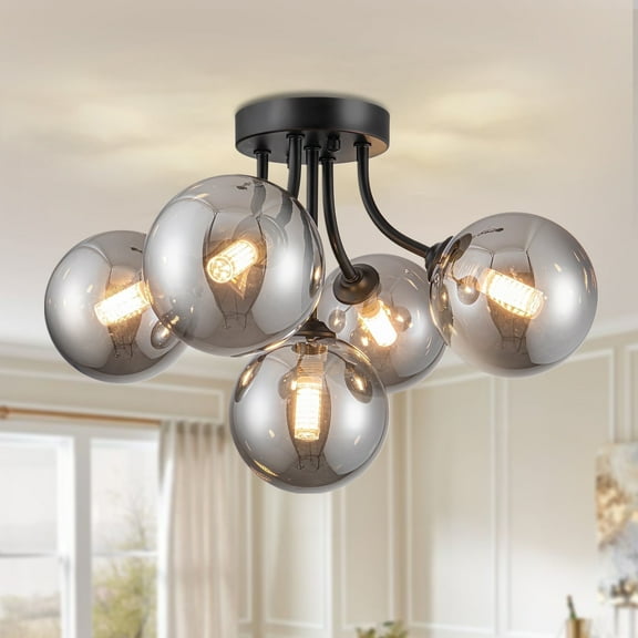 Uznhty Modern Ceiling Light 5-Light Sputnik Ceiling Light Fixture with Smoke Grey Glass Globe Semi Flush Mount Ceiling Light for Hallway Kitchen Bathroom Black 15 Inch