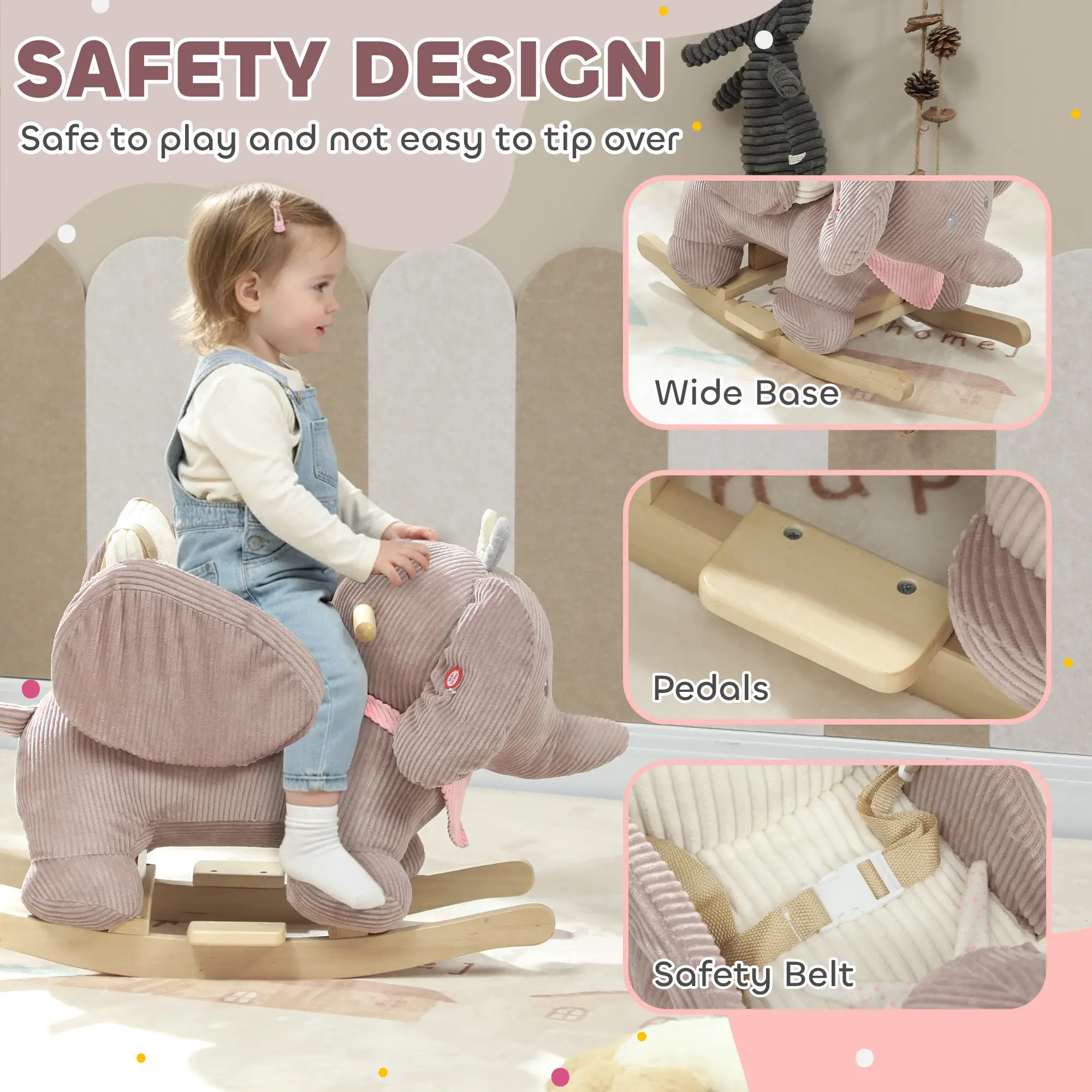 Kid's Plush Elephant Rocking Horse, Brown with Lullaby 3-Point Safety Belt, Solid Wood Base Steel Frame 55 lbs Capacity for 12+ Months 18-36 Months Toddlers