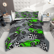 Manfei Green Dirt Bike Bedding Comforter Set 2pcs, Motocross Game Twin Comforter Sets, Racing Car Bedding Set, Lightweight Room Decor