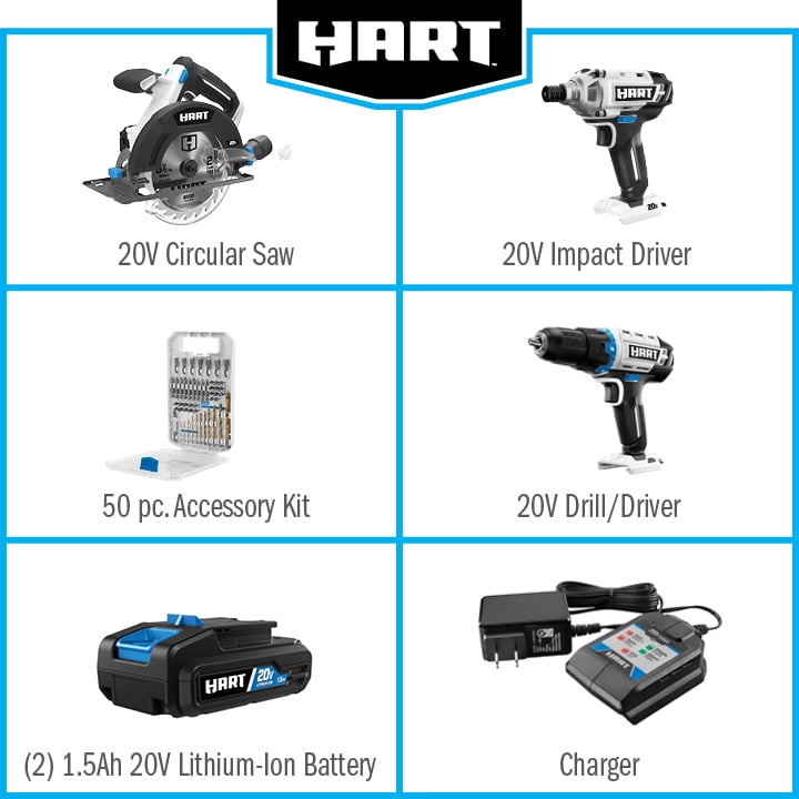 HART 20-Volt 3-Piece Combo Kit with 50-Piece Accessory Kit (2) 20-Volt 1.5Ah Lithium-Ion Batteries HART 20-Volt 3-Piece Combo Kit with 50-Piece Accessory Kit (2) 20-Volt 1.5Ah Lithium-Ion Batteries