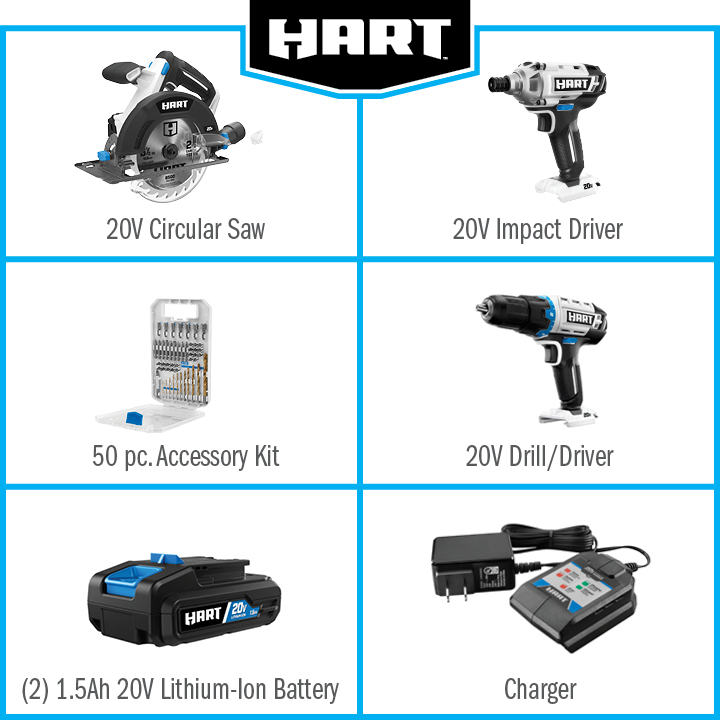 HART 20-Volt 3-Tool Combo Kit with 50-Piece Accessory Kit (2) 20-Volt 1.5Ah Lithium-Ion Batteries - image 4 of 16