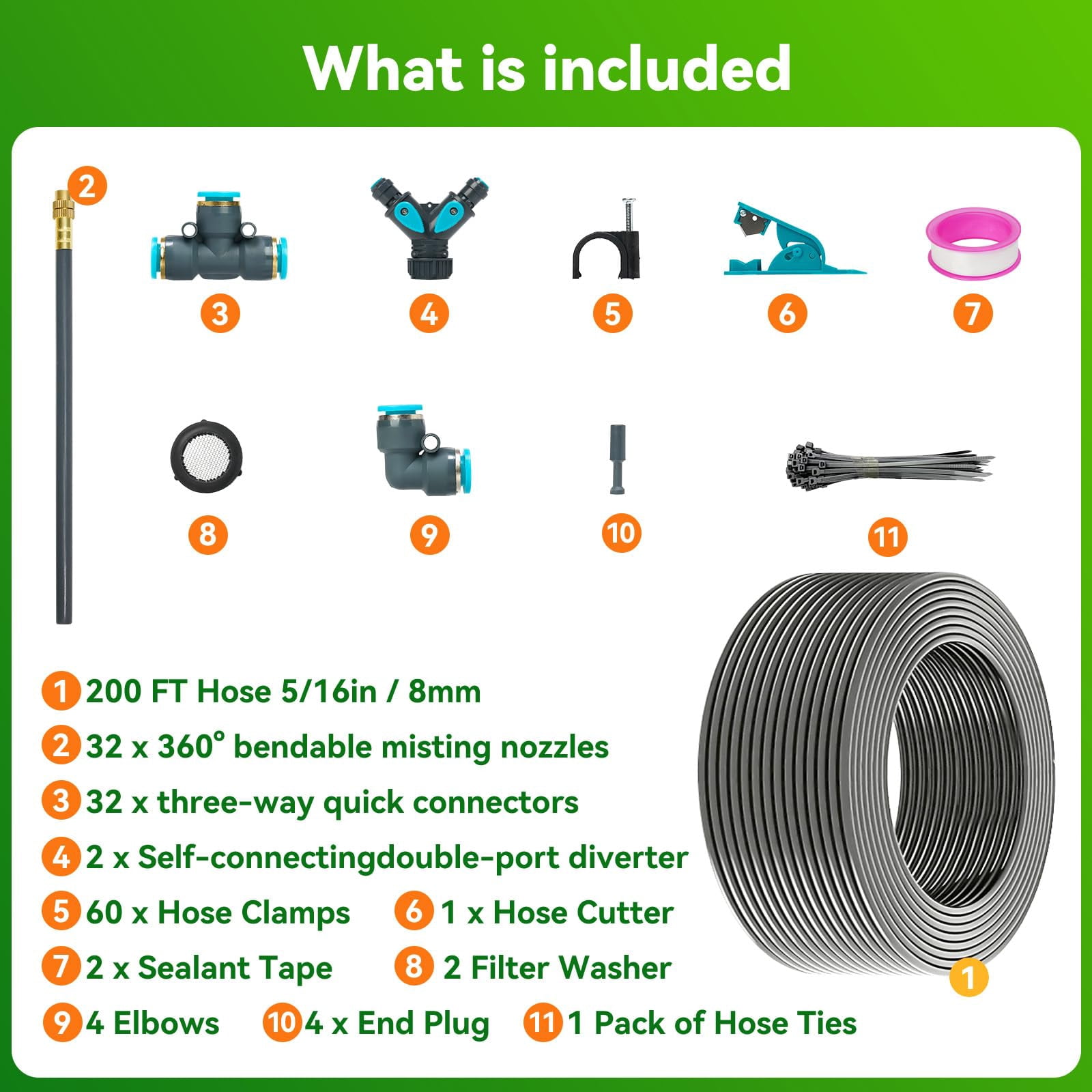 360°adjustable Drip Irrigation System 200ft 5/16" Extra Long Garden Watering Kit With 32 Copper Nozzles 141pcs Automatic Atomizing Plant Sprinkler For Large Yard  Greenhouse Lawn