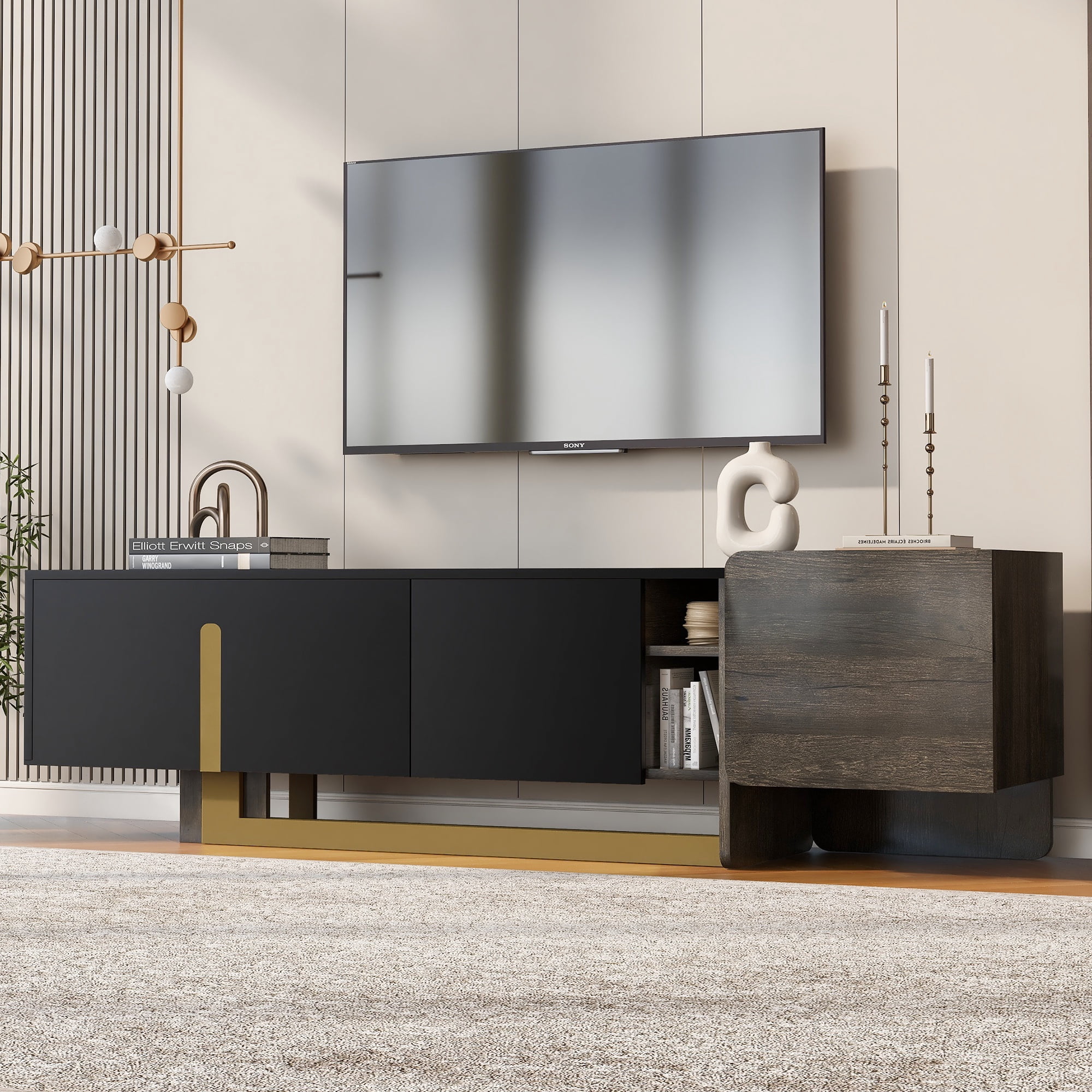 PORKISS Modern TV Stand for TVs up to 70 Inches, Wood TV Console with Gold Metal Base, Media Console Cabinet with Drawer & Adjustable Shelves, for Living Room, Black