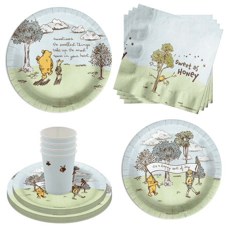 Pooh Bear Baby Shower Party Supplies - 64 Piece Summer Baby Shower Tableware Set Includes Large 9" Dinner Plates and 8" Dessert Paper Plates Napkins Cups - Kit for 16