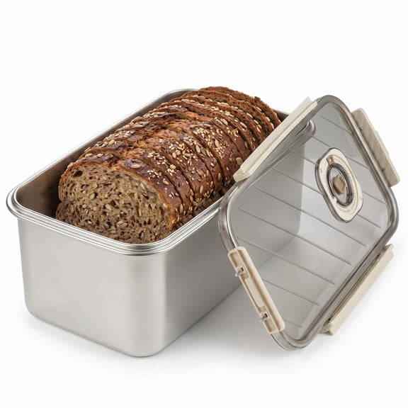 Time Recording Bread Storage Container with Lid, Stainless Steel Storage Box, Durable Countertop Organizer for Bread, Cookies, Fruits and Daily Food Storage (Silver)