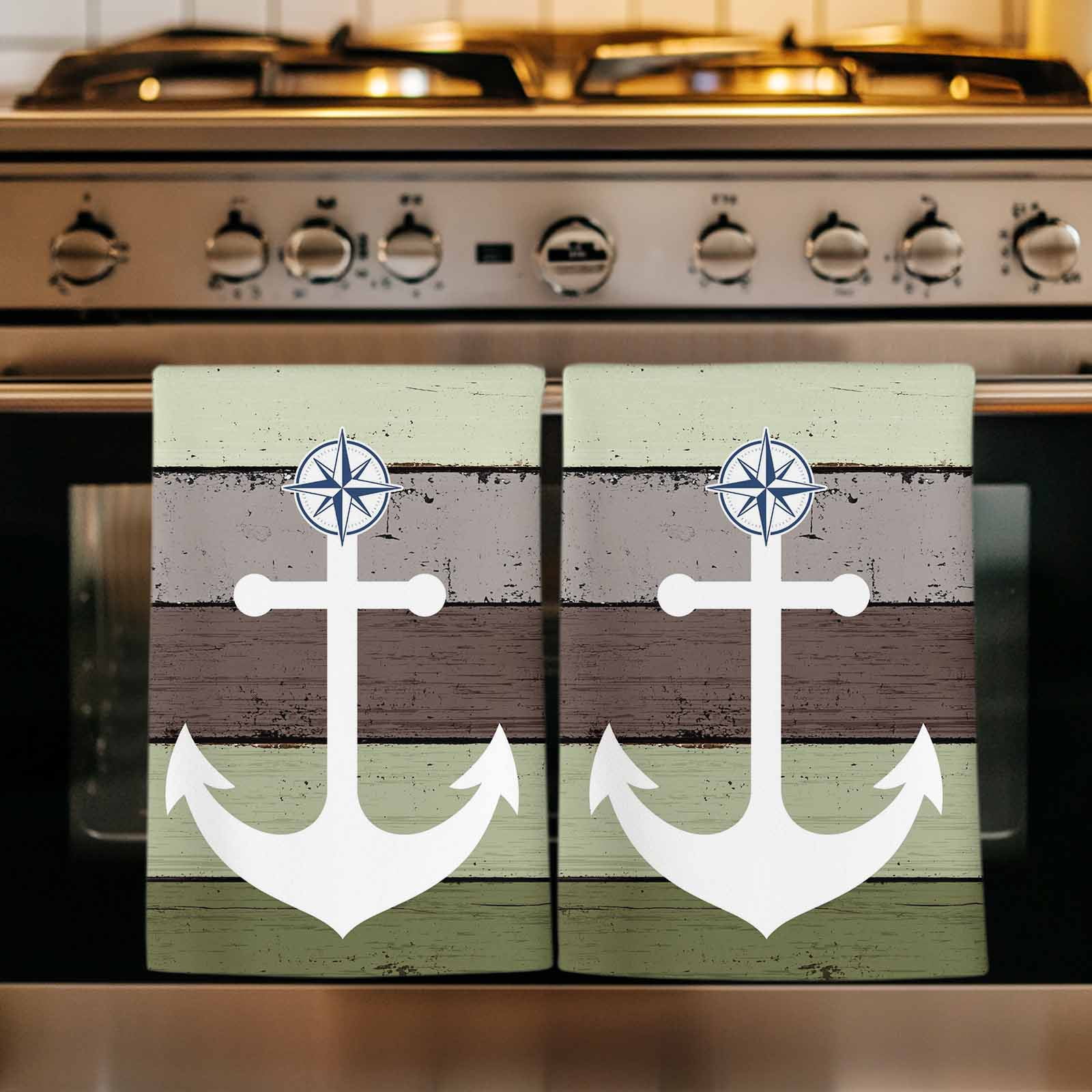Dish Towels, Nautical Anchor Absorbent Kitchen Towels 2 PCS, Vintage Sage Green Wood Grain Microfiber Hand Towels Dish Cloths Tea Towels for Home&nbsp;Bathroom Cleaning Drying,18X28-Inch,