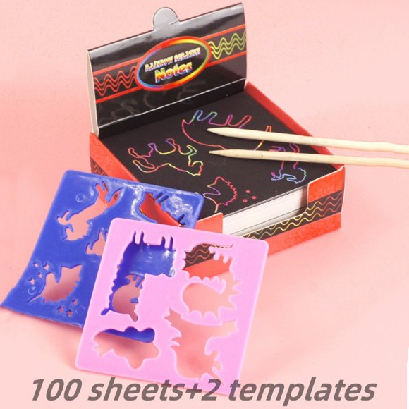 100pcs Magic Rainbow Scratch Toys Mini Paper Scrapbook Cards DIY Drawing Stencil Painting Toy for Girls Boys Gift