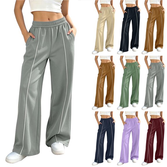 Bloomae Women’s Baggy Wide Leg Sweatpants Y2K Striped Contrast Seam Elastic High Waist Lounge Trousers Loose Comfy Athletic Jogger Pants with Pockets
