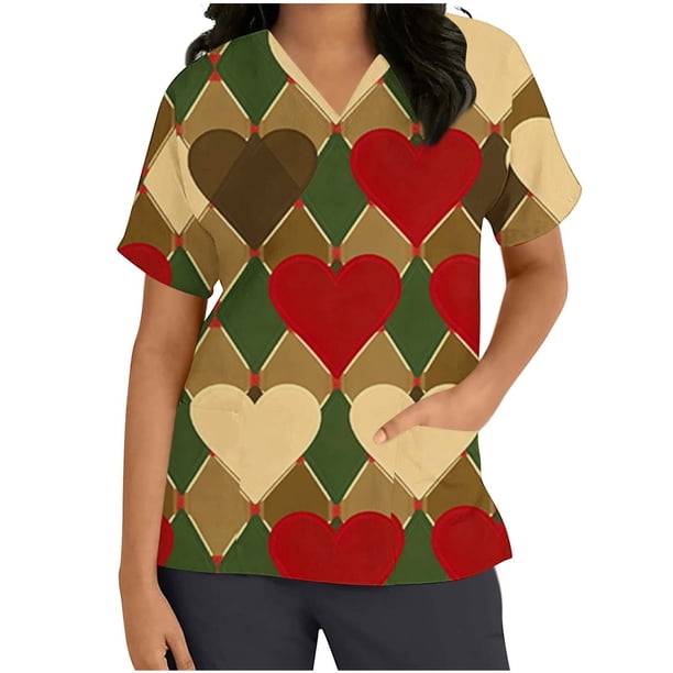 Tops Cortos para las Mujeres Impreso Cuello en V Manga Corta Blusa de Bolsillo Casual Camisa de Verano