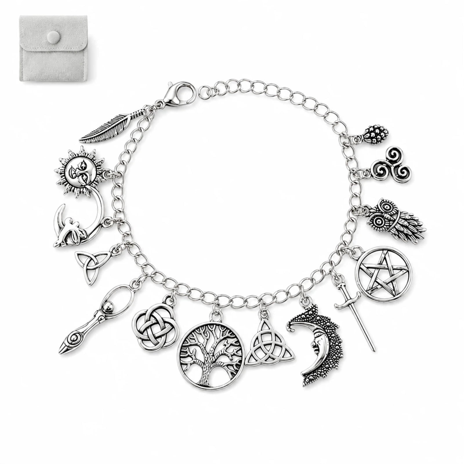 1 Pcs Vintage Witchy Charm Bracelet Halloween Witch Jewelry for Women Silver Charm Chain Bracelet for Women Gift with Storage Bag