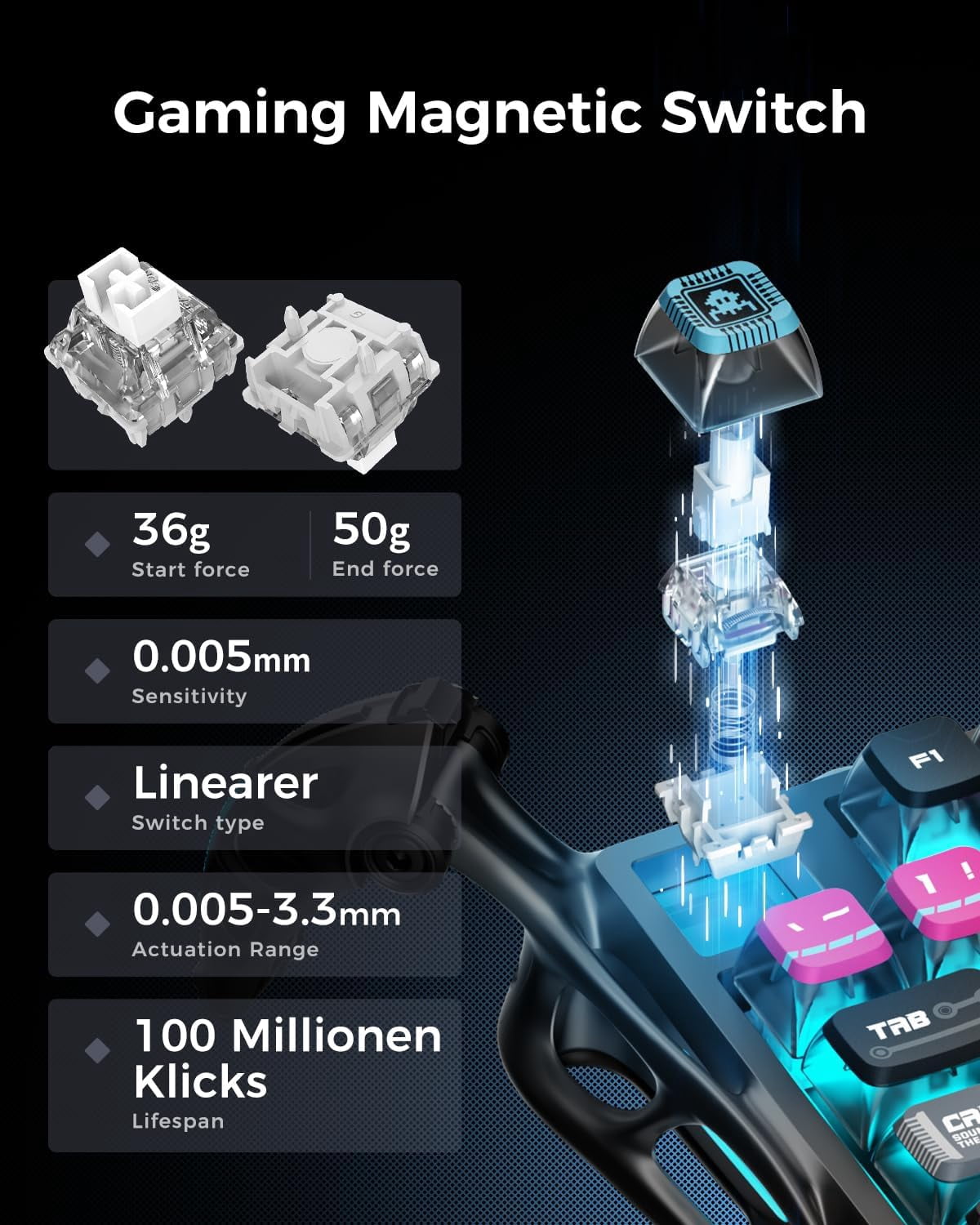 GravaStar Mercury V75 Pro HE 75% Hall Effect Magnetic Switch Gaming Keyboard – Wired, Hot-Swappable, 8000Hz Polling, Dual-Zone RGB, Semi-Aluminum Frame with Alien Legs – Cyberpunk