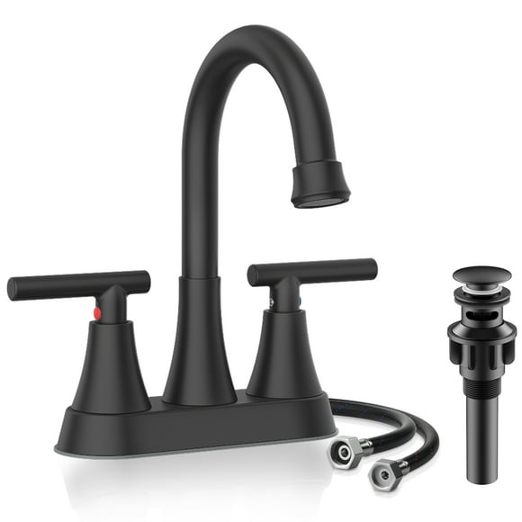 KINGTACK Robinets de Salle de Bain Robinet de Lavabo de Salle de Bain 4 Pouces Noir Mat, Robinet à Entraxe à 2 Poignées en Acier Inoxydable Sans Plomb avec Bonde à Pression et 2 Tuyaux d'Alimentation Convient à Lavabo à 2 Ou 3 Trous