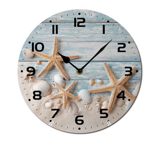 ZXCXRQFa Beach Themed Sea Shell Wall-Clock for Girls Bedroom Analog Battery Operated 10 Inch - Round Wood Wall Clock Silent Non-Ticking Bathroom Bedroom Decor