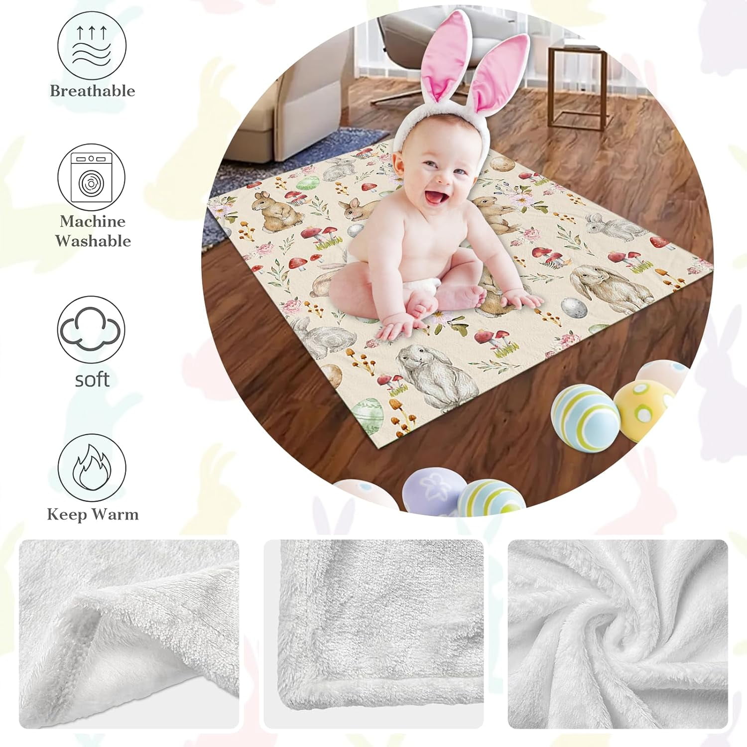 Luxury Plush Easter Blanket Cute Bunny Easter Egg Flower Leaves Throw Blanket for Couch,Lightweight Soft and Warm Throws Blankets for Sofa Bed Living Room in Spring 40"x50"