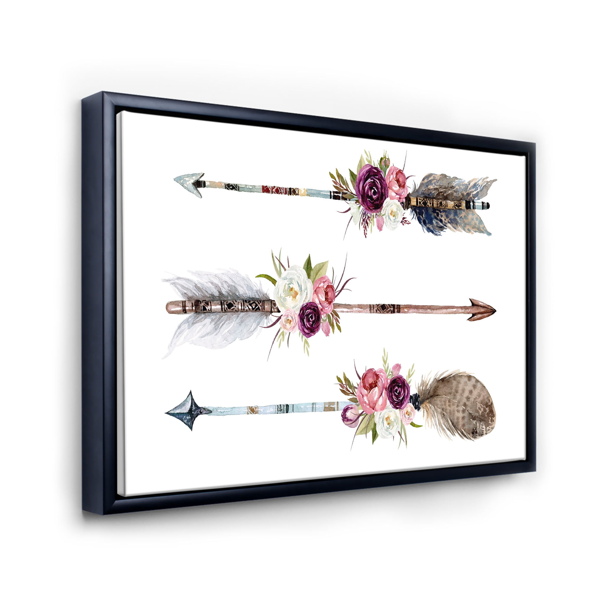 Designart 'Flowers and Ethnic Feathers On Native Arrows III' Bohemian & Eclectic Framed Canvas Wall Art Print
